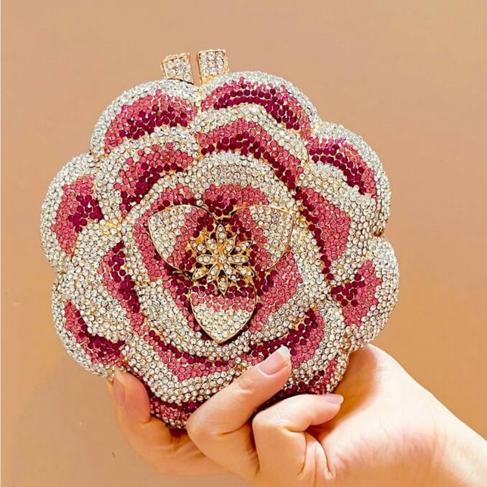 Pink Floral Rhinestone Evening Clutch Bag